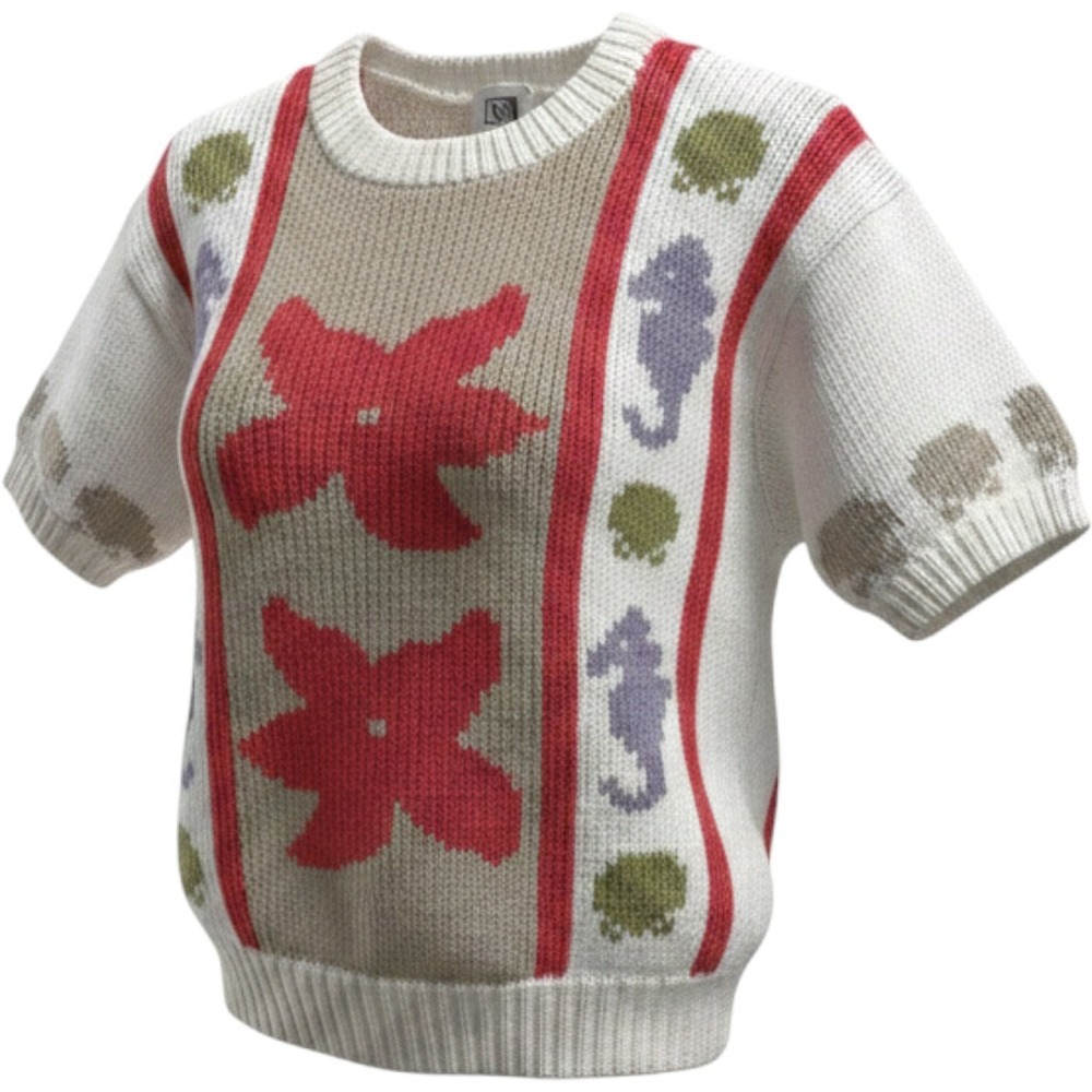 PS Sport Vintage Nautical Starfish Seahorse Knit Short Sleeve Sweater White M